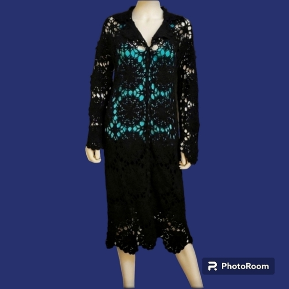 Vtg Western Boho black doily crochet button down cover-up maxi cardigan Sweater - Picture 1 of 11